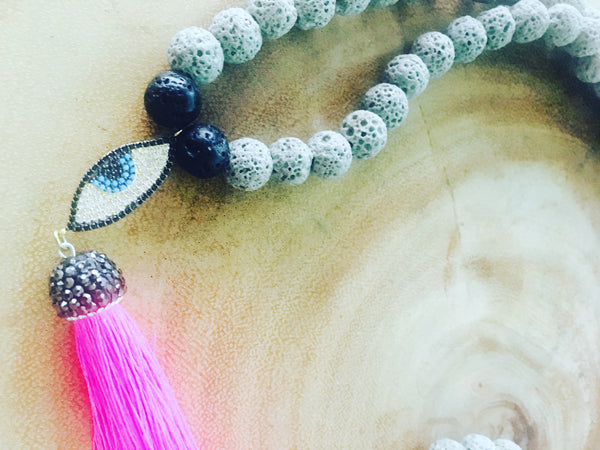 Evil Eye Grey Lava Necklace, crystal Pink Tassel
