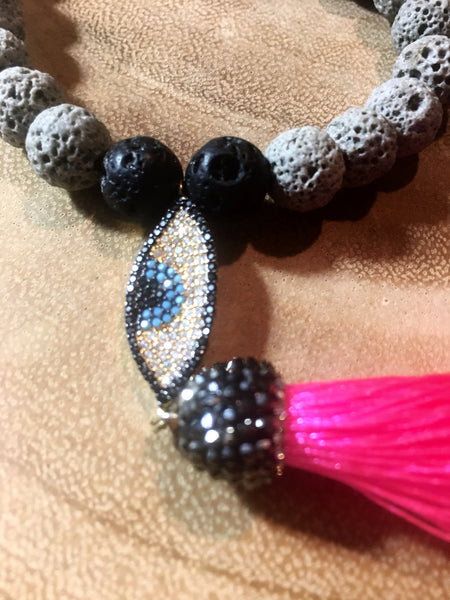 Evil Eye Grey Lava Necklace, crystal Pink Tassel