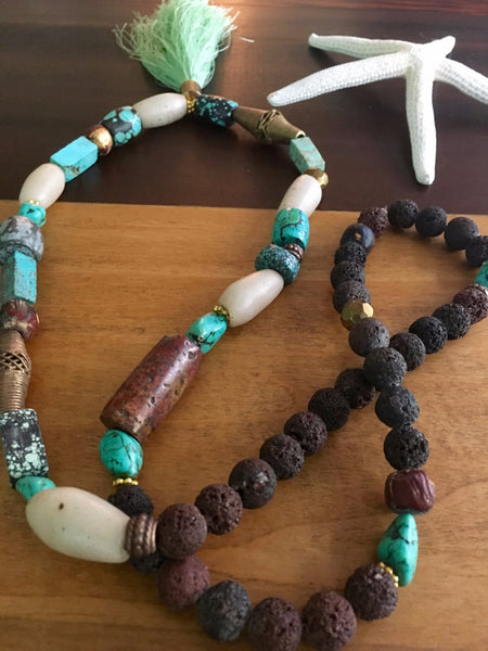 Turquoise, Lava Stone and Seafoam Tassel Necklace