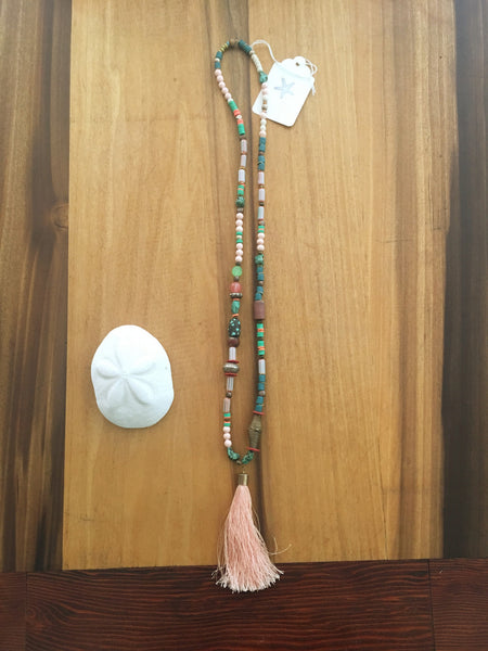 Peach Tassel Mala Inspired necklace withTurquiose beads